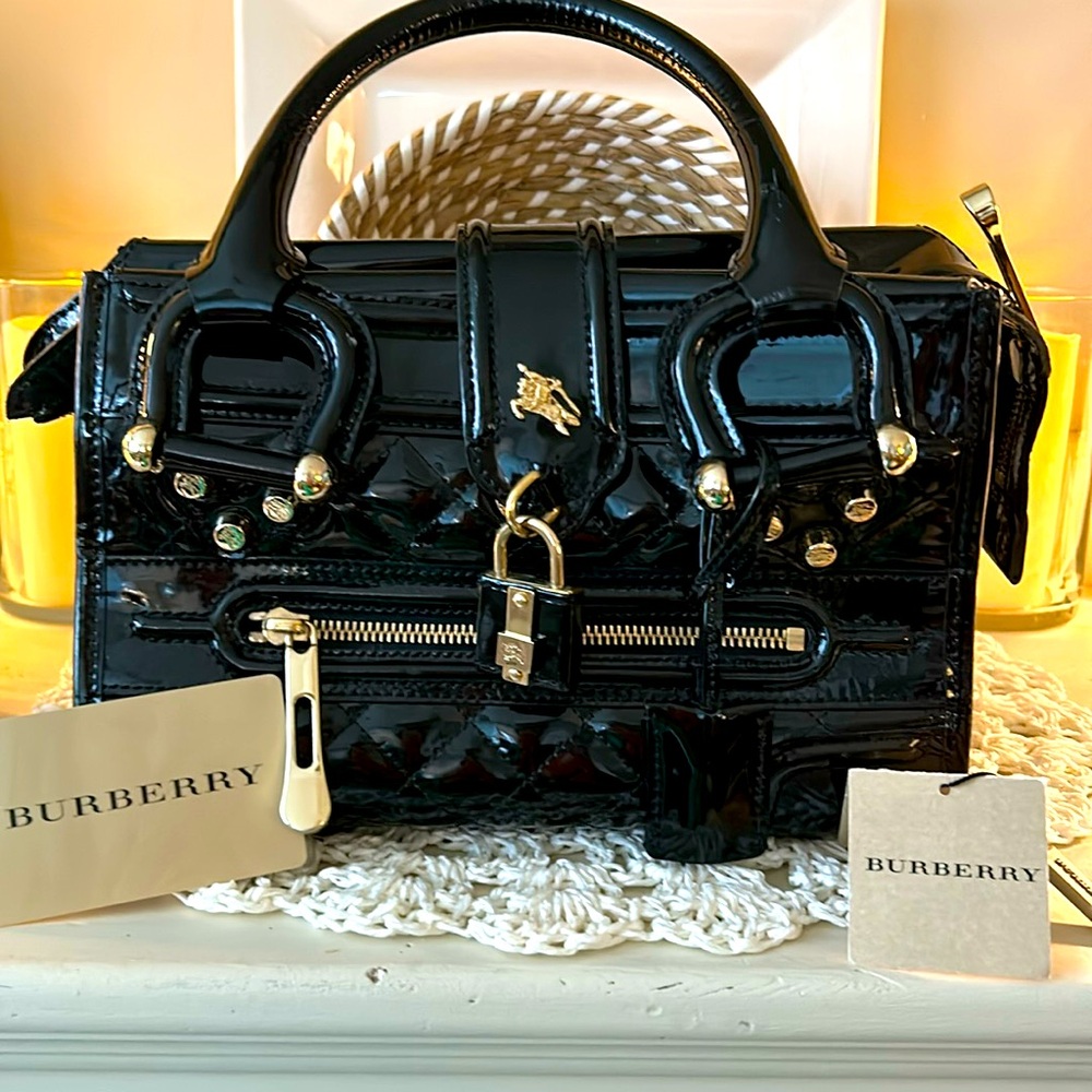 Authentic Burberry Mini Manor quilted patent leather handbag
